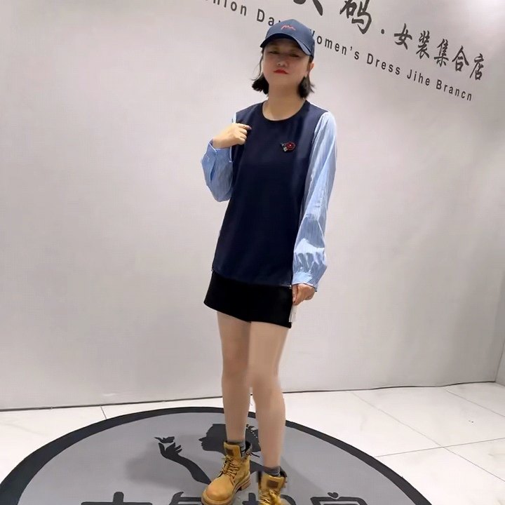 1075女权贵族春款新品罗密欧竖条拼接衬衫料假两件可抽绳减龄衫