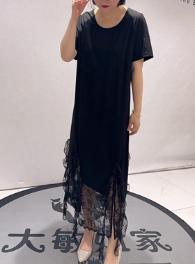 7092芮娜依莲夏款新品设计感拼接蕾丝底边洋气连衣裙加大码女装