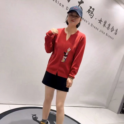 6299针丝缘子汇春款新品V领女人味洋气卡通图案减龄衫加大码女装