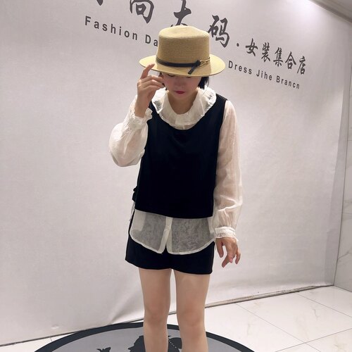 6036女权贵族初秋新品丝绒拼接面料假两件减龄长袖上衣加大码女装