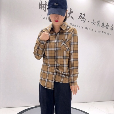 6395天骄一生水秋款新品四面弹力百搭格子遮肉显瘦衬衫加大码女装