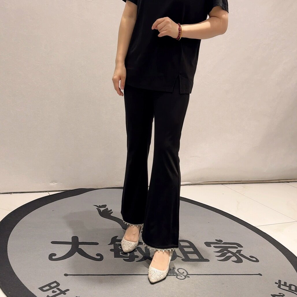 5742芮娜依莲初夏新品松紧腰裤腿珍珠装饰显瘦微喇裤加大码女裤