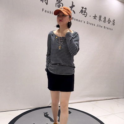 6303女权贵族初秋新品蚂蚁腰显瘦时尚减龄条纹长袖上衣加大码女装