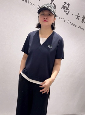 1801女权贵族初夏新品舒适时尚洋气亮钻假两件短袖上衣加大码女装