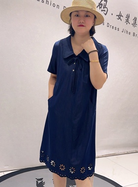 31088女权贵族夏款新品天丝牛仔面料底边镂空花连衣裙加大码女装