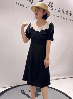 3516女权贵族夏款新品黑白拼接设计感收腰显瘦连衣裙加大码女装