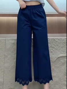 加大码 5112针丝缘子汇初夏新品 松紧腰设计感花边裤 腿休闲裤 女裤