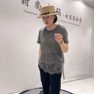 31075女权贵族夏款新品五彩亮钻底部拼接蕾丝高级感洋气衫加大码
