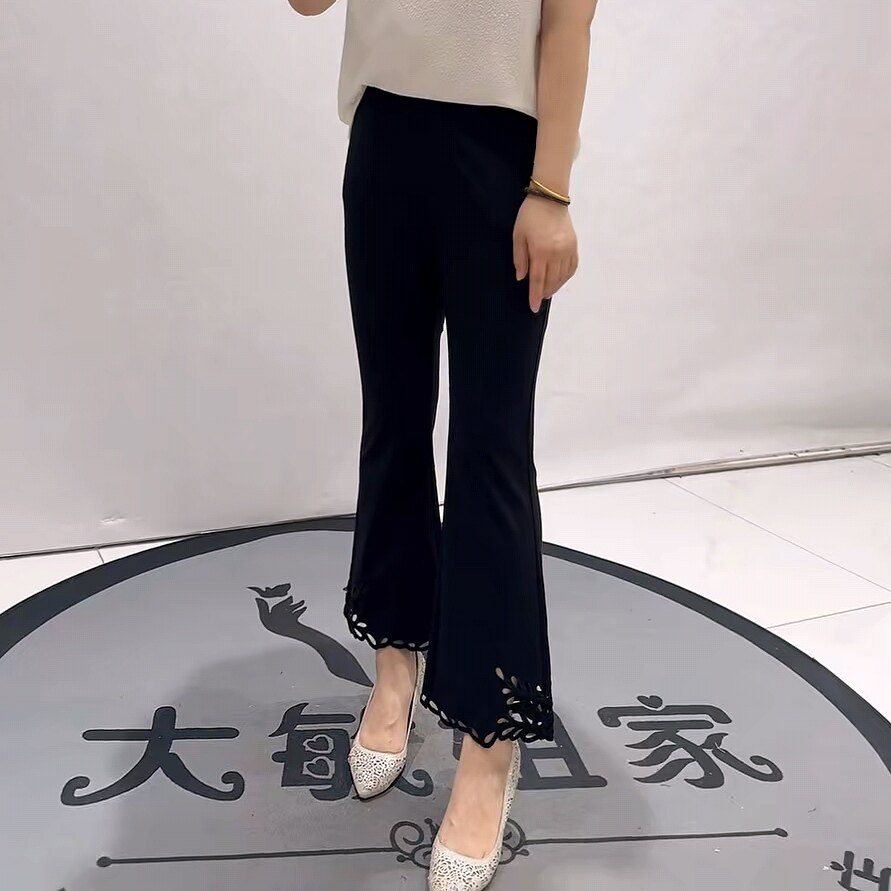 6217芮娜依莲夏款新品松紧腰裤腿镂空设计显瘦微喇裤加大码女裤