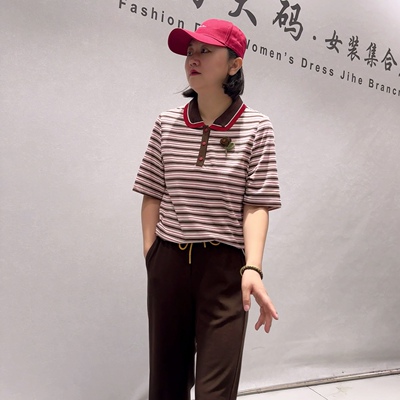 7133芮娜依莲秋款新品针织polo领减龄百搭半袖条纹衫加大码女装