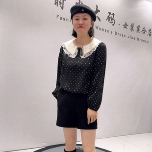 女装 1509芮娜依莲春款 加大码 设计感衣领波点洋气可爱减龄衫 新品