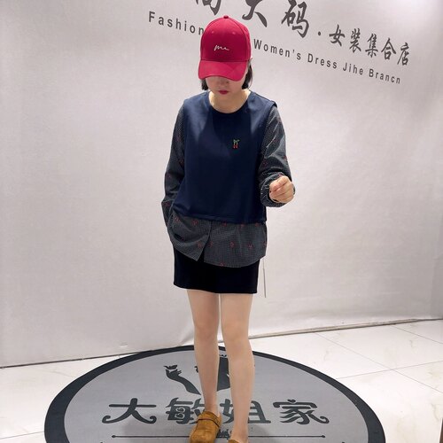 6055女权贵族初秋新品樱桃图案假两件可抽绳长袖减龄衫加大码女装