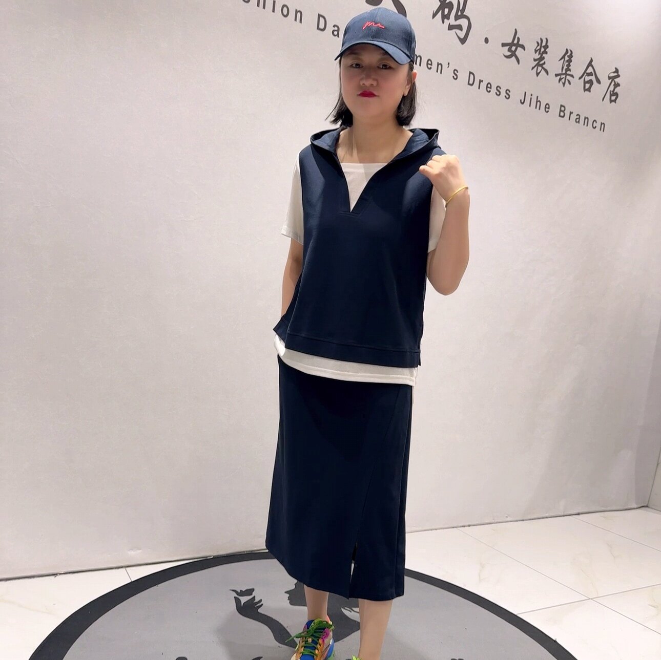 3025女权贵族夏款新品假两件上衣搭配带兜半身裙两件套加大码女装
