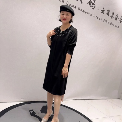 1675芮娜依莲春款新品重工衣领时尚洋气女人味连衣裙加大码女装