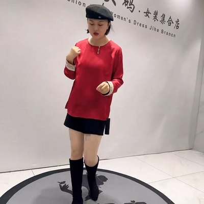 1185针丝缘子汇年货春款新品女人味刺绣袖口侧边开衩气质衫加大码