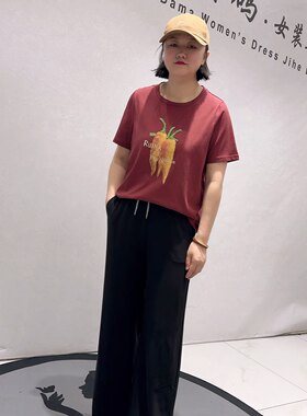 1983芮娜依莲初夏新品舒适百搭重工减龄圆领短袖T恤衫加大码女装