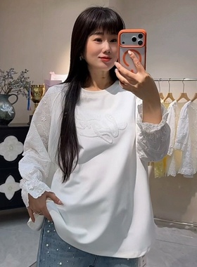 88116流依涵春款新品珠片绣字母图案花边袖口拼接设计减龄衫加大