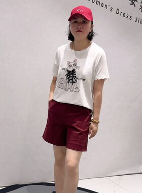 5727芮娜依莲初夏新品拼接蕾丝袖口猫咪图案减龄T恤衫加大码女装