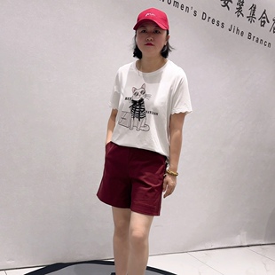 加大码 5727芮娜依莲初夏新品 拼接蕾丝袖 口猫咪图案减龄T恤衫 女装