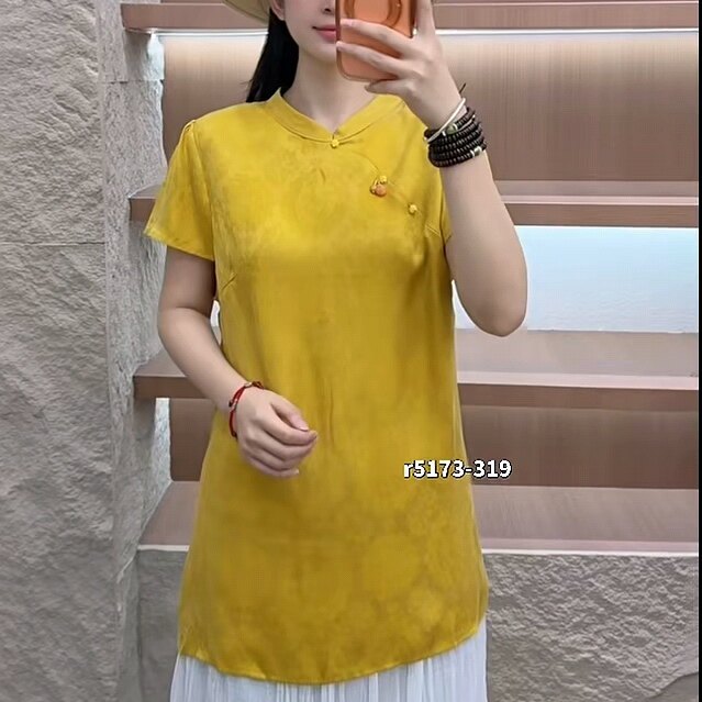 5173芮娜依莲夏款新品简洁大方新中式气质减龄国风衫加大码女装