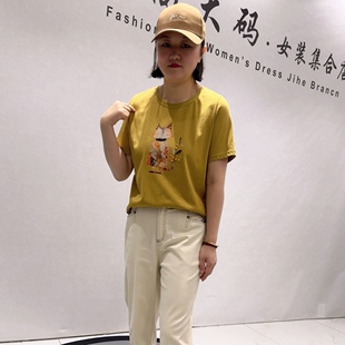 加大码 2125针丝缘子汇初夏新品 猫咪图案云朵棉舒适透气减龄T恤衫