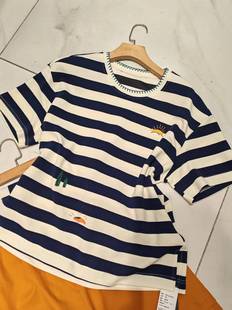 新品 女装 休闲减龄条纹短袖 加大码 上衣T恤衫 2395针丝缘子汇春款