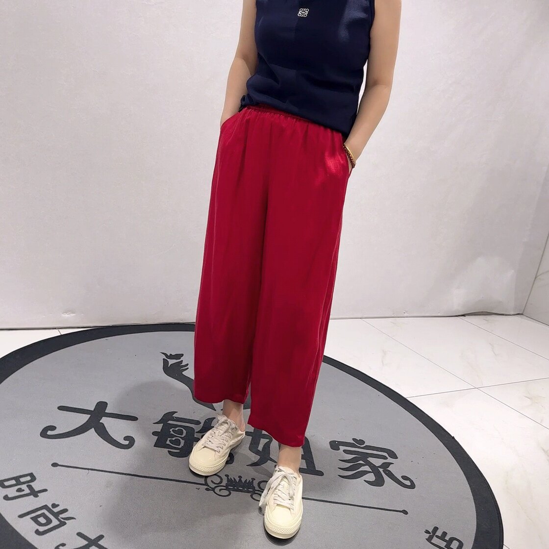 5777芮娜依莲初夏新品松紧腰天丝苎麻面料休闲百搭气球裤加大码