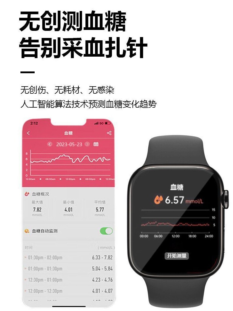 비침습적이고 통증이 없으며 바늘이 필요 없는 혈당 혈압 혈액 산소 온도 심박수 수면 모니터링 스마트 시계 건강 팔찌