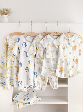 宝宝睡衣夏款亲子家居服四季款春夏空调房睡衣纱布长袖长裤套装