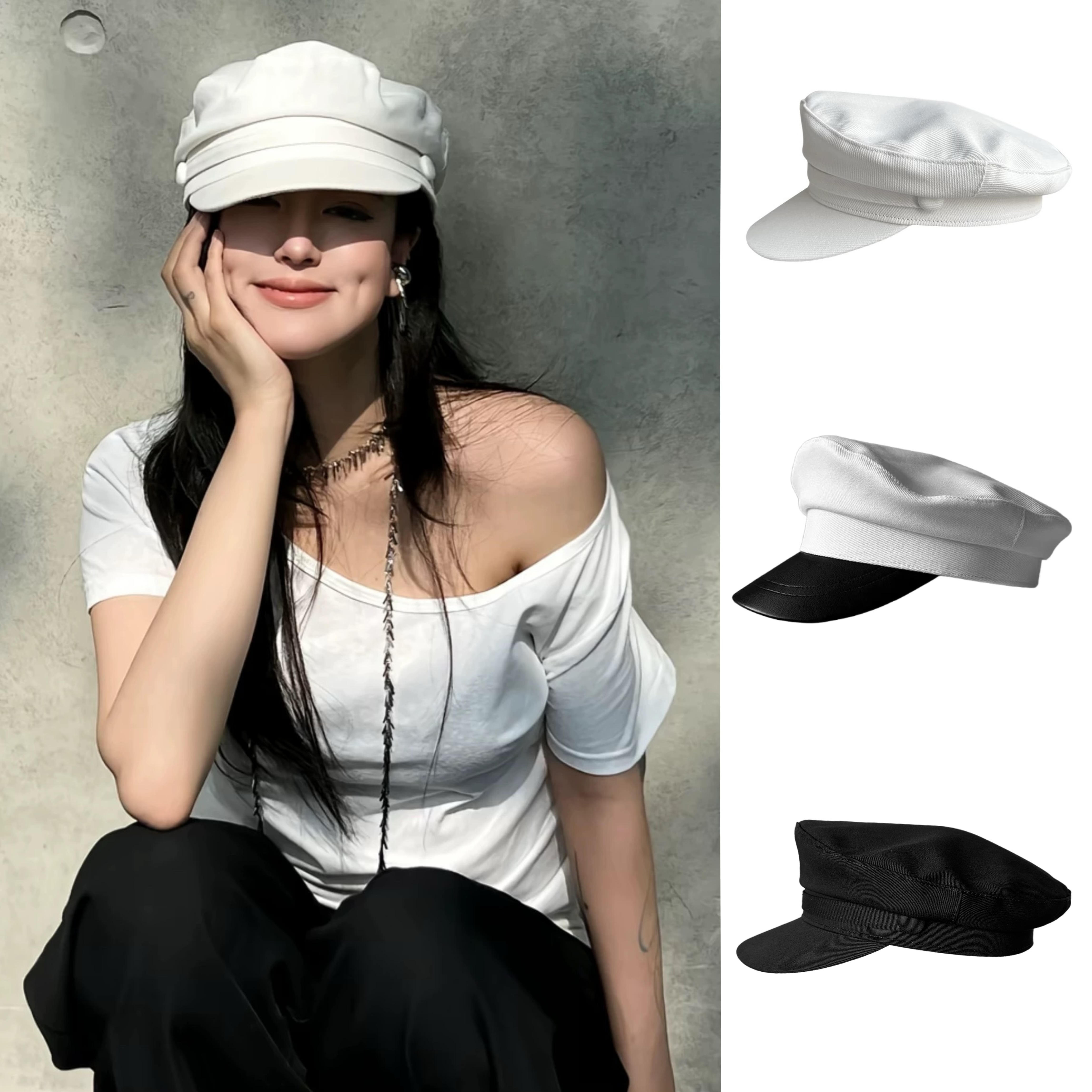 白色海军帽小头女帽英伦平顶春夏