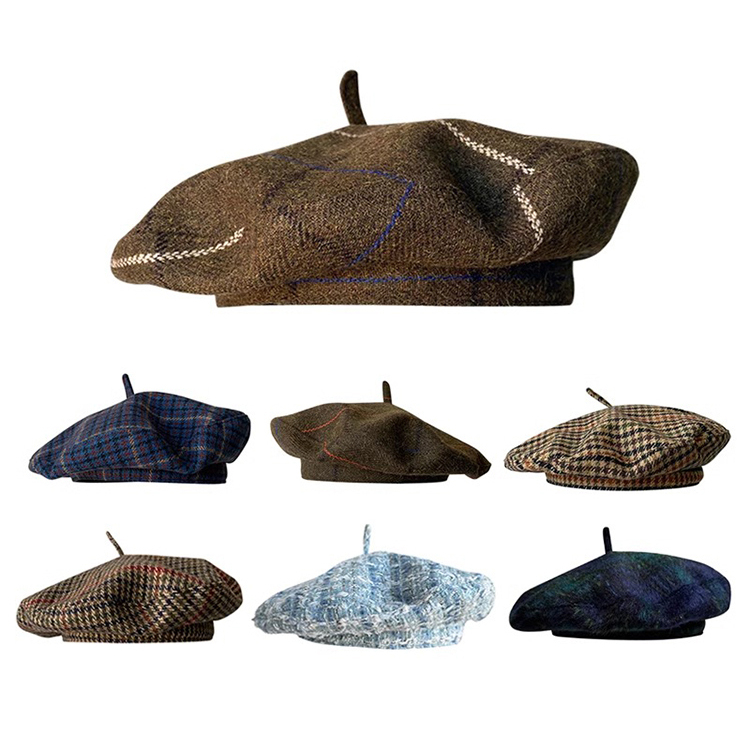 秋冬新款韩版贝雷帽女英伦风格子飞碟帽显脸小复古格子气质画家帽