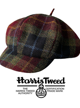 HarrisTweed粗花呢帽子圣诞复古红格大版报童帽100%纯羊毛八角帽