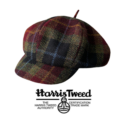 HarrisTweed粗花呢帽子圣诞复古红格大版报童帽100%纯羊毛八角帽