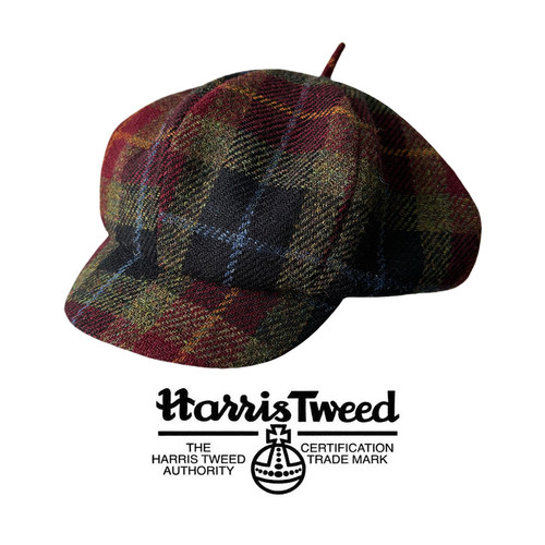 HarrisTweed粗花呢帽子圣诞复古红格大版报童帽100%纯羊毛八角帽