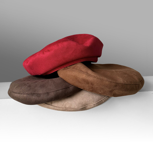 秋冬麂皮绒红色贝雷帽百搭驼色保暖画家帽美拉德风复古洋气帽子女