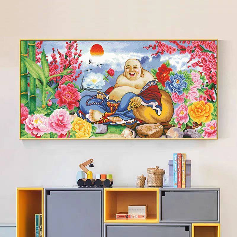 笑口常开弥勒佛十字绣人物佛像2025年新款绣客厅牡丹花线绣新中式