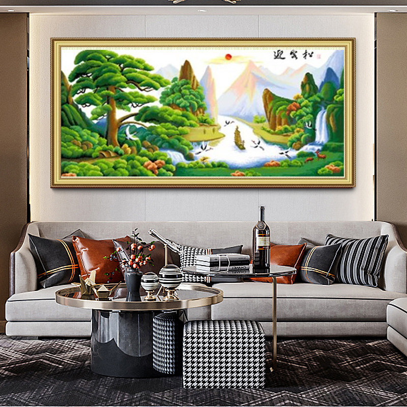 迎客松十字绣2025年新款线绣客厅挂画自己绣现代简约山水风景中式
