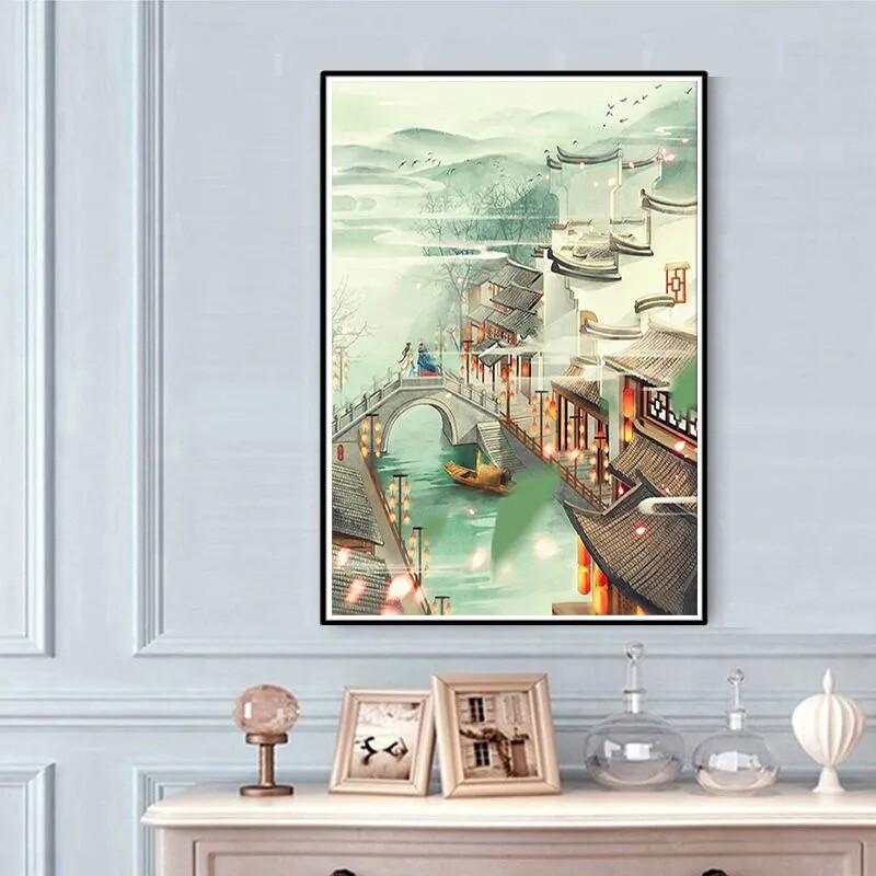 梦里江南十字绣2024年新款线绣客厅自己绣现代古风小屋风景画小件