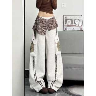 浅灰色豹纹屁帘休闲运动裤裤子女款2026春季新款宽松显瘦阔腿裤潮