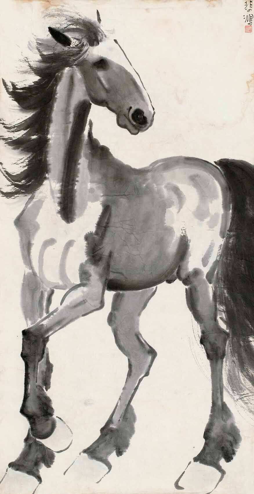 高仿名家名人字画中国画动物马竖幅立轴徐悲鸿-思战图专用宣纸