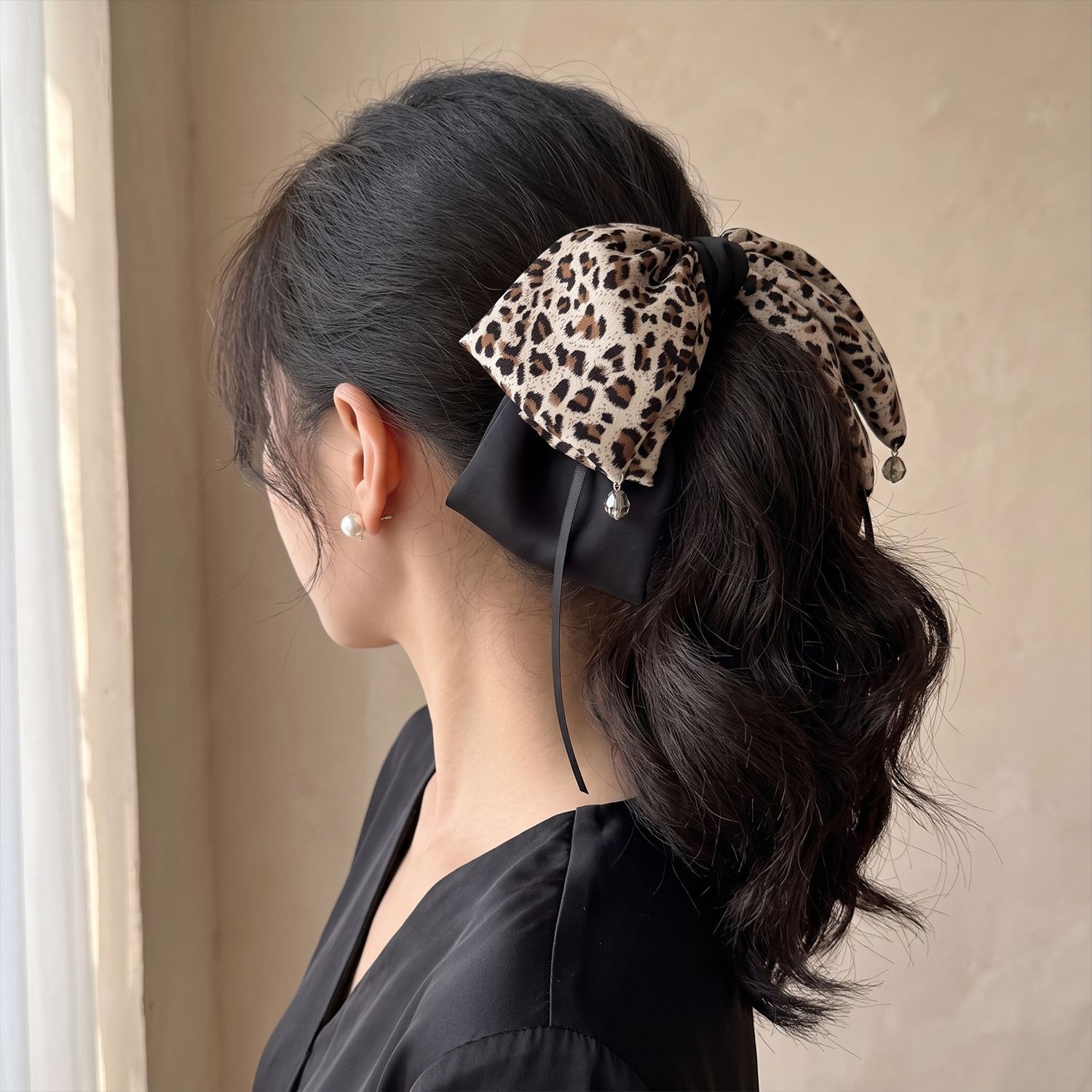 优雅高级感豹纹蝴蝶结马尾抓夹女温柔复古网红新款发夹后脑勺发饰