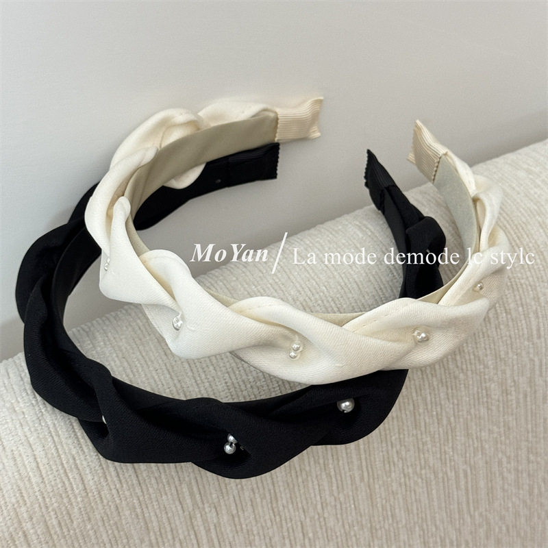 韩版小香风麻花珍珠发箍气质优雅手作小众头箍高级感褶皱压发发卡