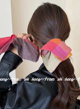 棉麻格子文艺风车方巾发圈大肠圈女头绳发饰原创手作春秋款红紫色