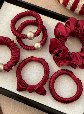 红色珍珠蝴蝶结头绳2026新款高端发绳头饰高弹力丸子头花发饰发圈
