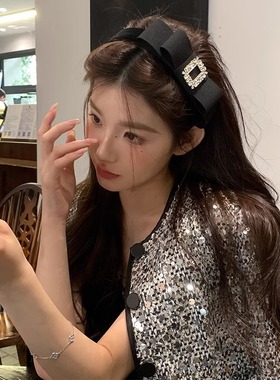 黑色丝绒蝴蝶结方锆发箍女富家千金水钻头箍秋冬小香风高颅顶头饰