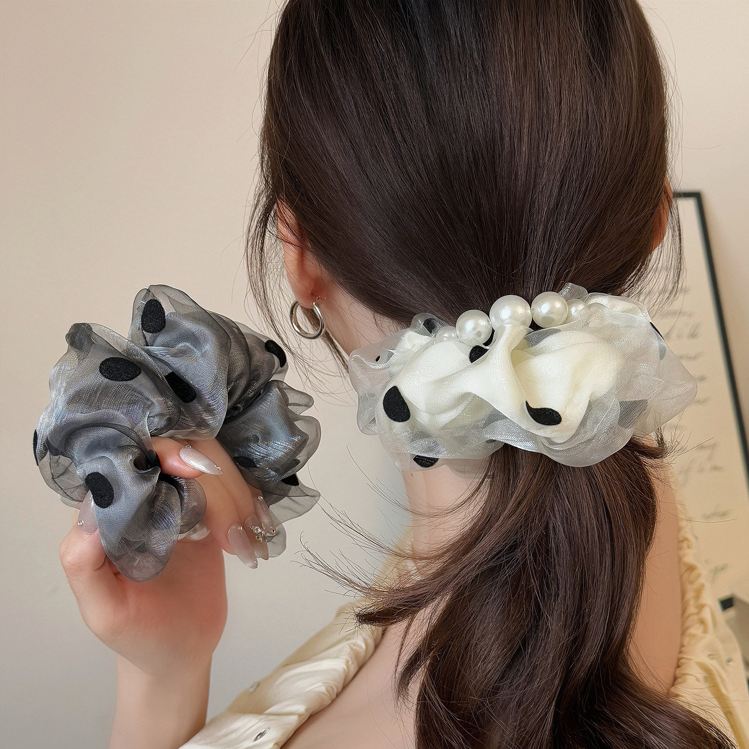 波点泡芙韩系网纱波点大肠发圈女轻奢气质双层头绳百搭丸子头发绳
