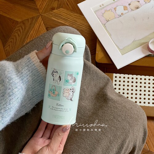 膳魔师绿色猫咪男女儿童学生保温水杯子直饮上学316L不锈钢便携