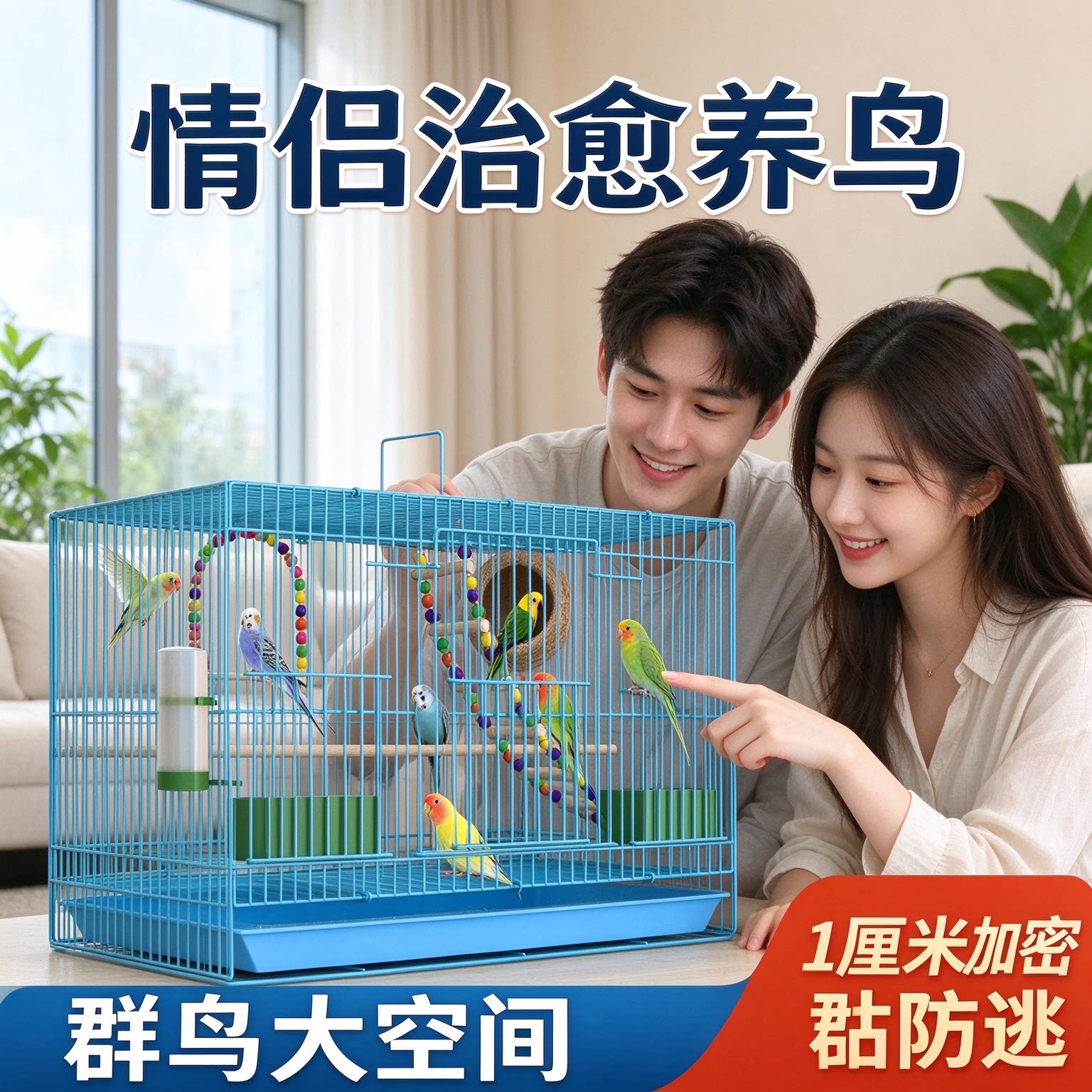 蓝色铁艺鹦鹉群鸟笼超大活动空间配套玩具站杆食盒适合多只