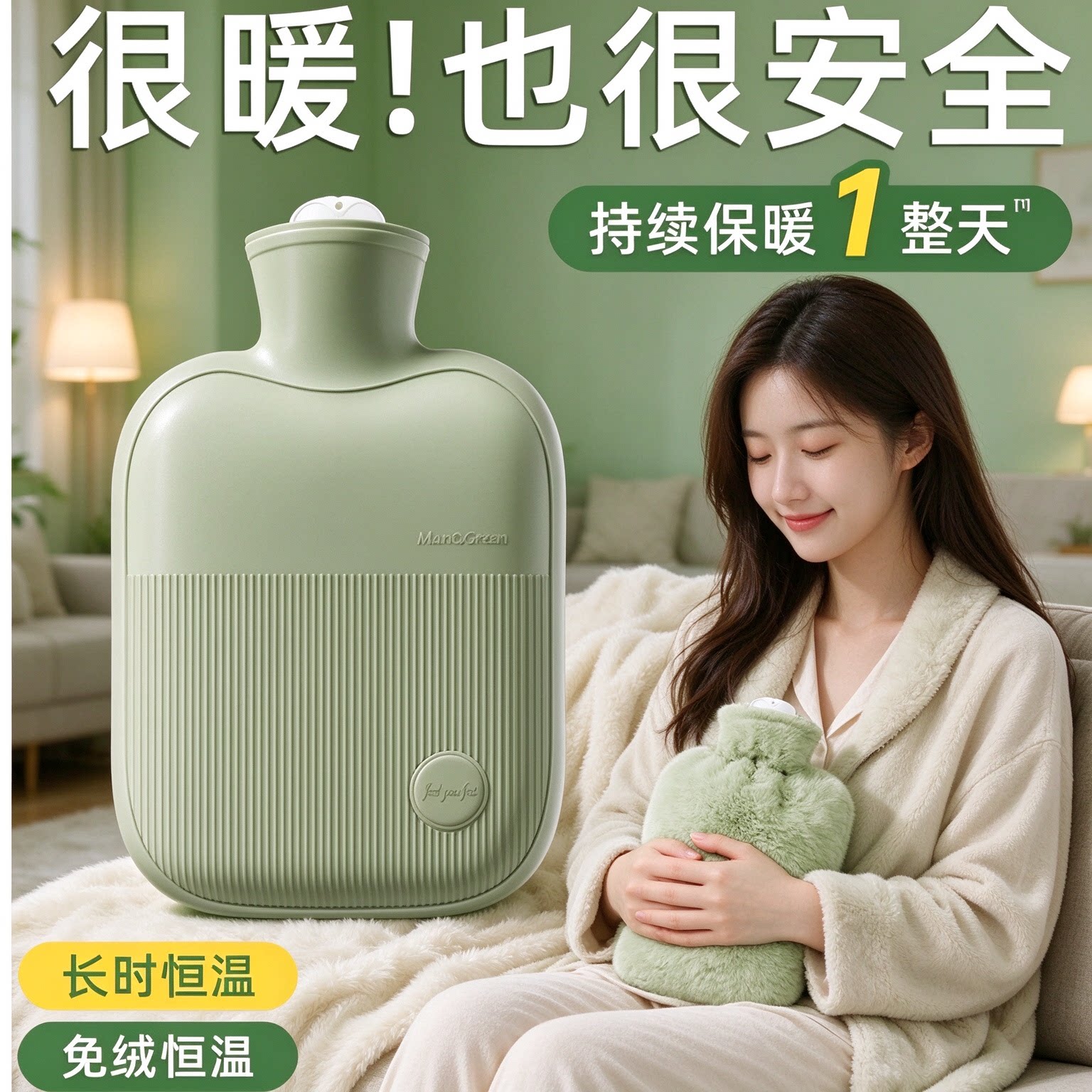 秋冬牛油果绿注水暖水袋加厚防爆大容量带兔毛绒套持久锁温女生