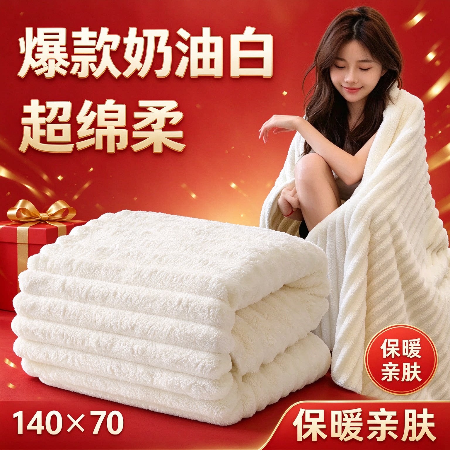 家用亲肤珊瑚绒毯子立体条纹设计奶油白单人午休毯宿舍卧室空调